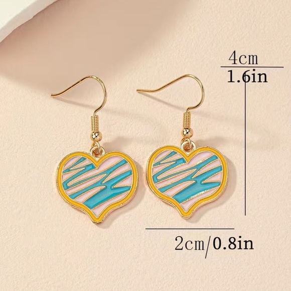 Funky Scribble Zig Zag Heart Earrings Drop Dangle Pink Blue Gold - Picture 3 of 6
